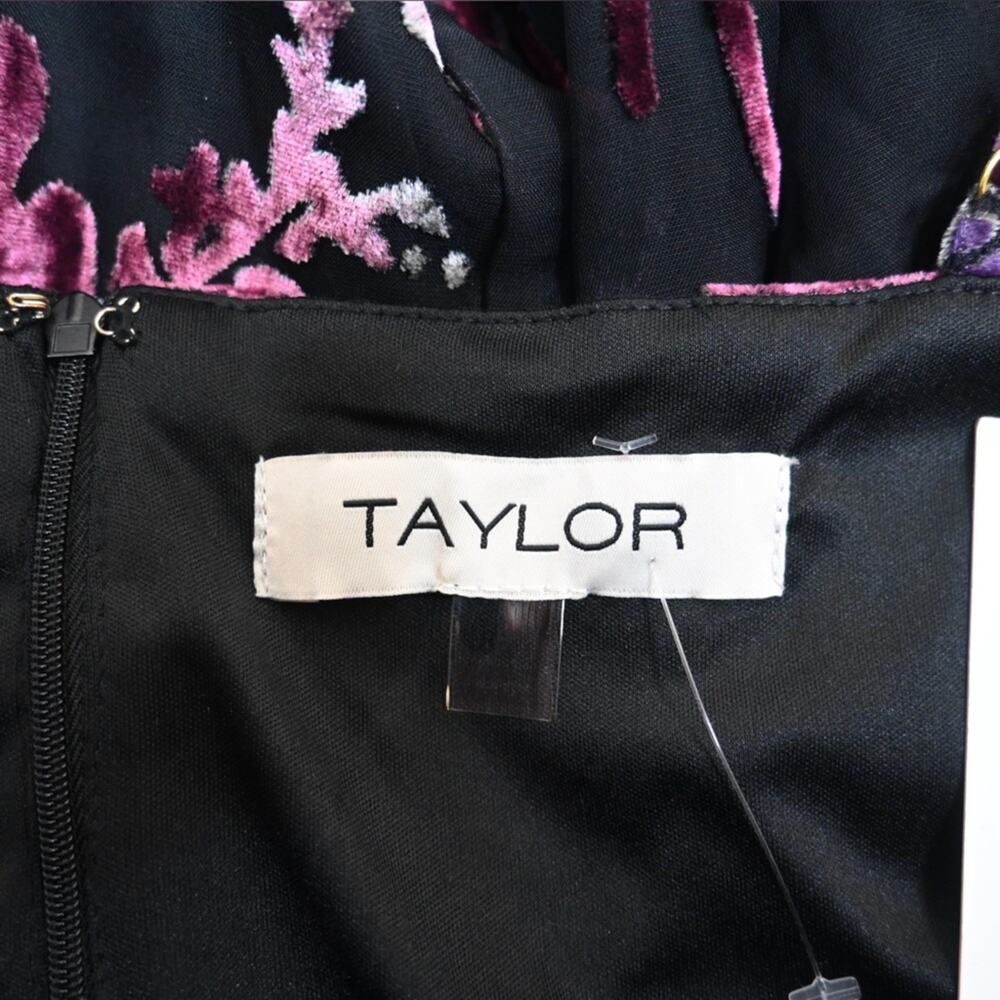 Taylor Womens 8 Black Floral Velvet Fully Lined Midi Dress NEW - Picture 9 of 12